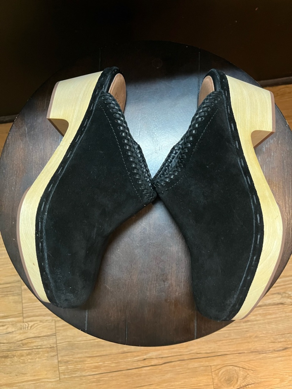 Frye & Co Suede Mule Clogs | Size 7.5 | Wooden Platform Heel | Minimalist Chic